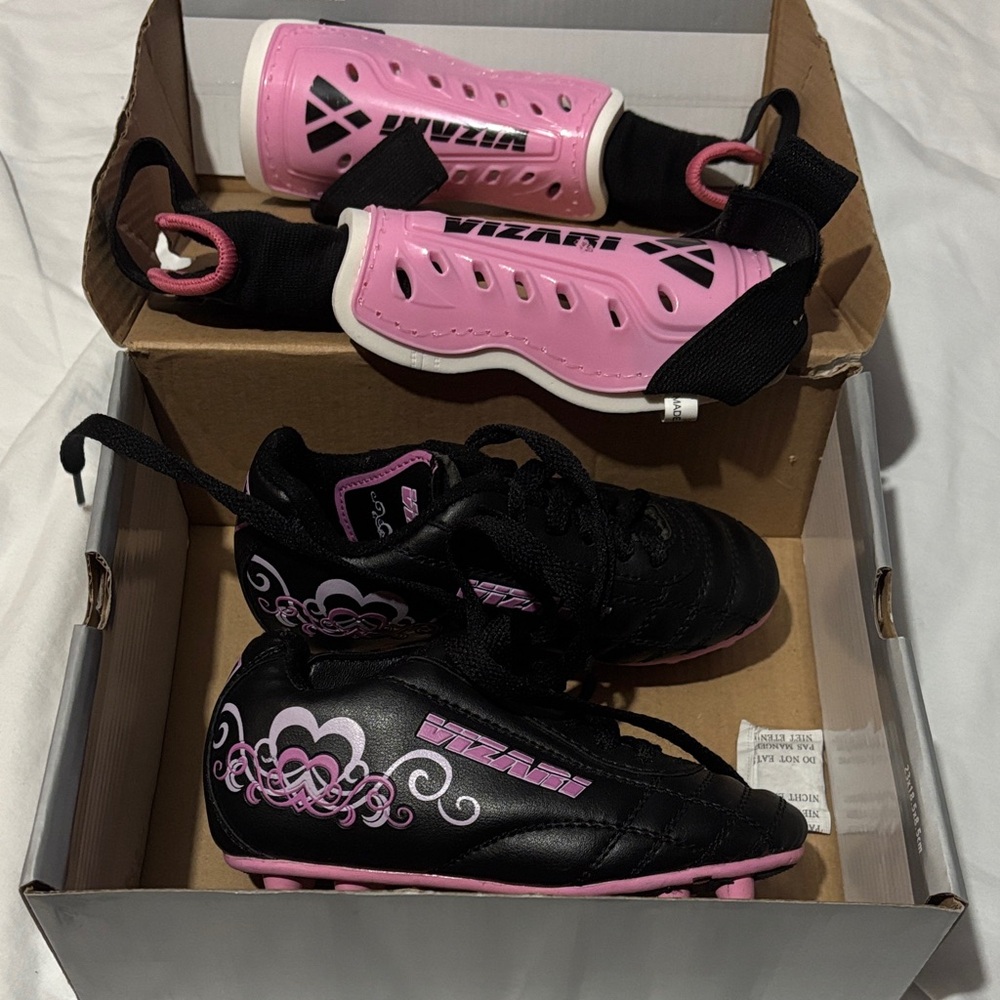 Kids Soccer Cleats and Shin Guards - Black and Pink